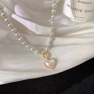 Pearl Beaded Necklace Love Pendant Heart Elegant Neck Chain Choker